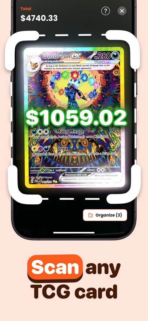 Acorn TCG Card Value Scanner - A mobile phone using the Acorn TCG app to scan a rare Pokemon card for its market value