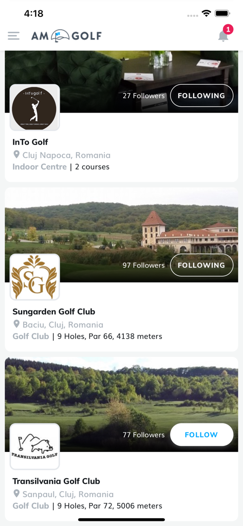 AM Golf - A list of golf clubs and indoor centers in the AM Golf app showing follower counts and course details.