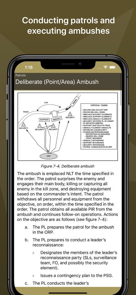 Tactical diagram and instructions for a deliberate ambush in the Army Ranger Handbook app.