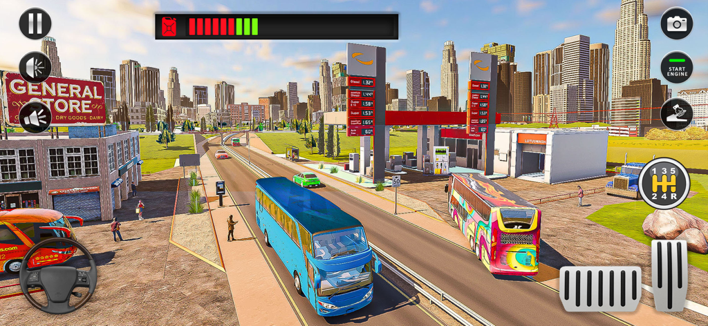 US Public Bus Simulator Driver - A 3D simulation of a blue bus driving through a city with a gas station and skyscrapers in the background