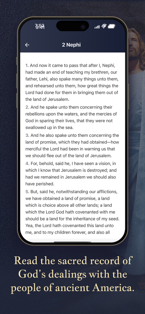 Book of Mormon・The Scriptures - Texto digital das escrituras de 2 Néfi em uma tela de celular