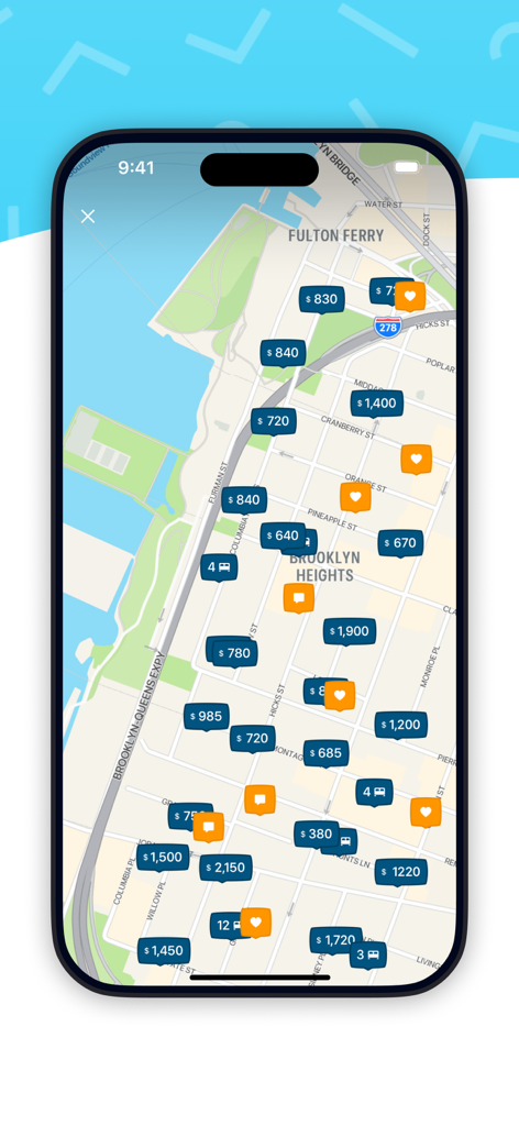 SpareRoom app map view showing rental prices and favorite listings in Brooklyn Heights