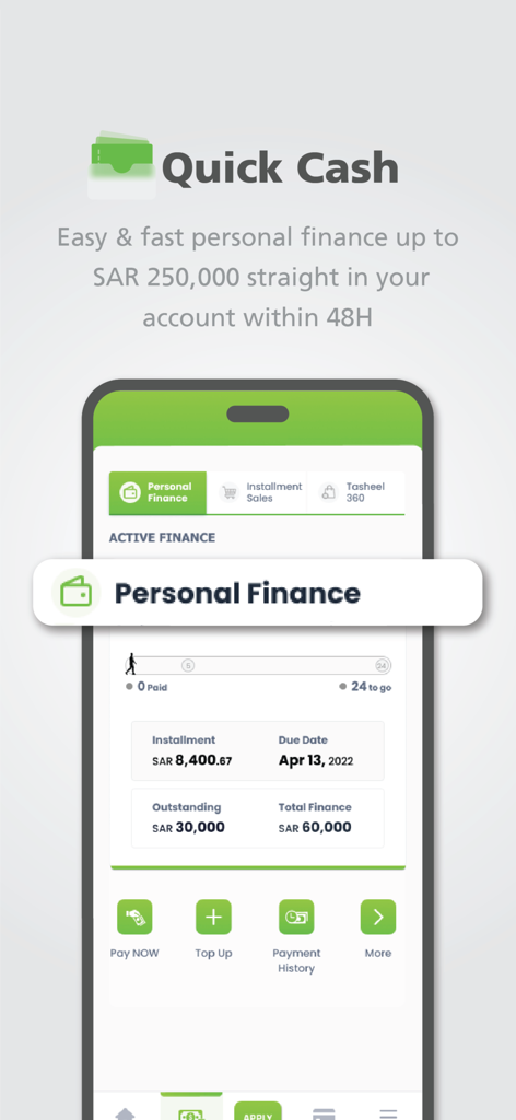 TAS'HEEL Finance app displaying quick cash personal finance options and loan dashboard details