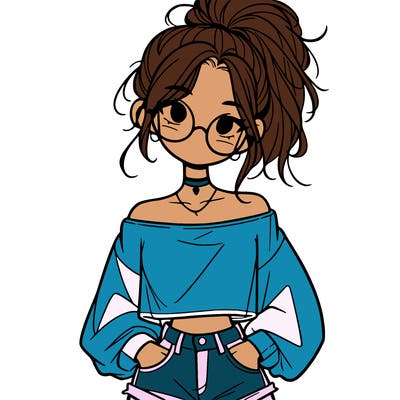 girl with a messy ponytail glasses a baggy crop top and jean shorts