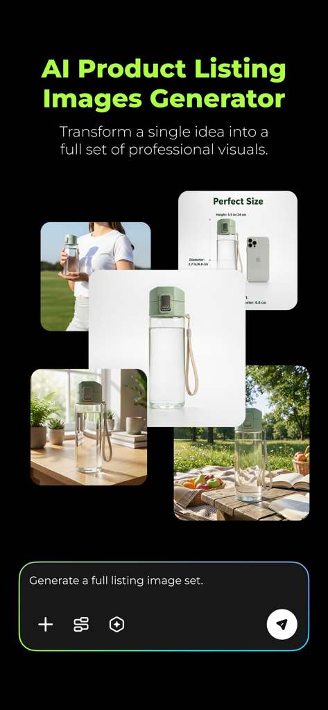 AI generated product listing images for a water bottle in various lifestyle scenes