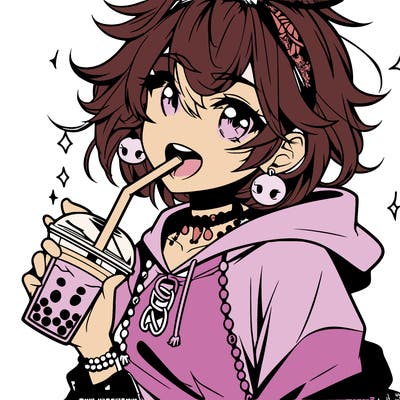 hot baddie anime girl drinking boba and biting the straw