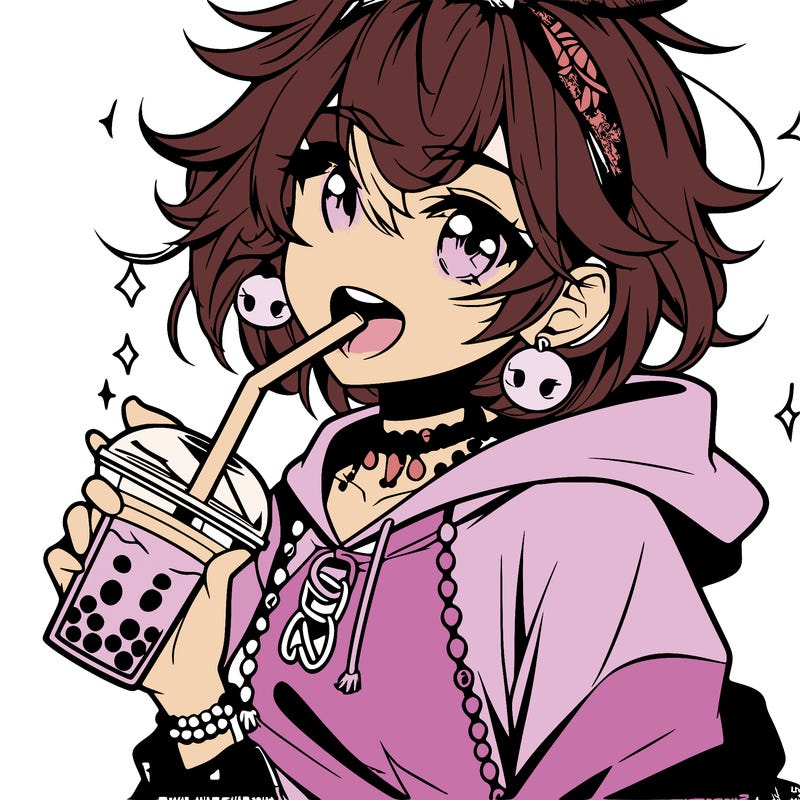 hot baddie anime girl drinking boba and biting the straw