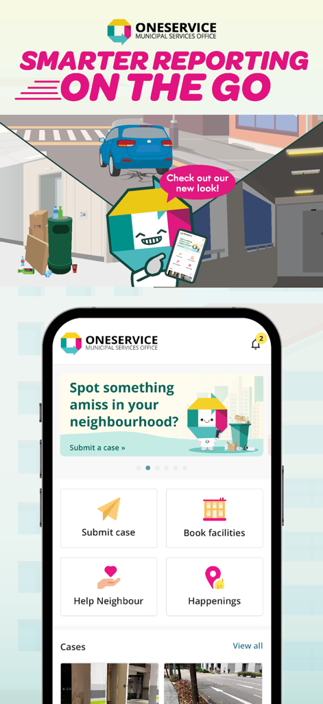 OneService mobile app dashboard showing features to submit cases and book neighborhood facilities