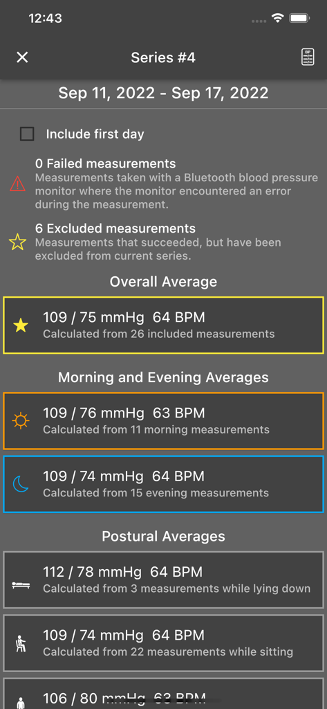 MediLink by BIOS - MediLink by BIOS app screenshot showing detailed blood pressure and heart rate averages including morning evening and postural data