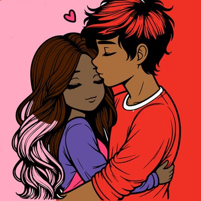 a realistic couple boy and girl hugging and kissing