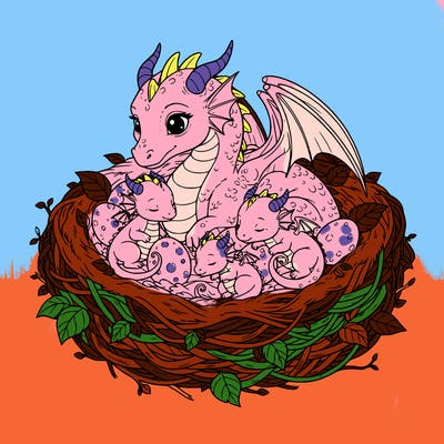 cute babies and mom dragon in nest