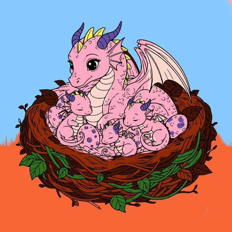cute babies and mom dragon in nest