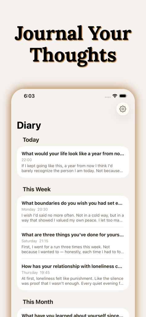No Contact Tracker: Breakly - Breakly app diary screen showing journaling prompts and entries for emotional recovery and reflection.