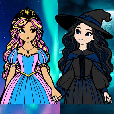 a princess and a witch holding hands realistic