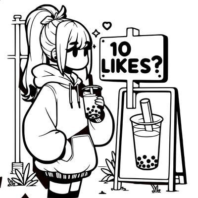 girl with oversized hoodie drinking boba and she has a high ponytail with a sign that says 10likes?