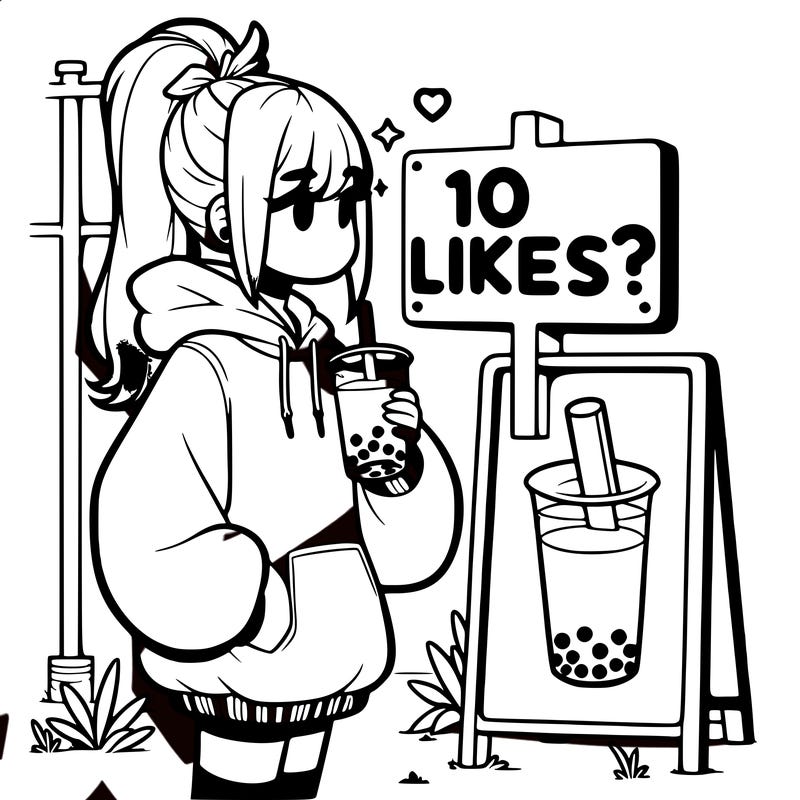 girl with oversized hoodie drinking boba and she has a high ponytail with a sign that says 10likes?