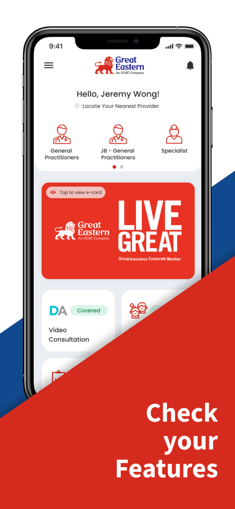 Great Health Corporate - Great Health Corporate app dashboard displaying digital insurance e-card and medical provider search options
