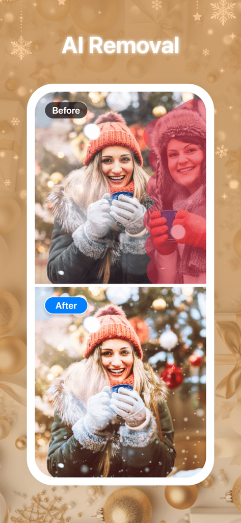 Comparaison avant/après montrant la suppression d'une personne d'une photo de vacances d'hiver à l'aide de l'outil de suppression par IA