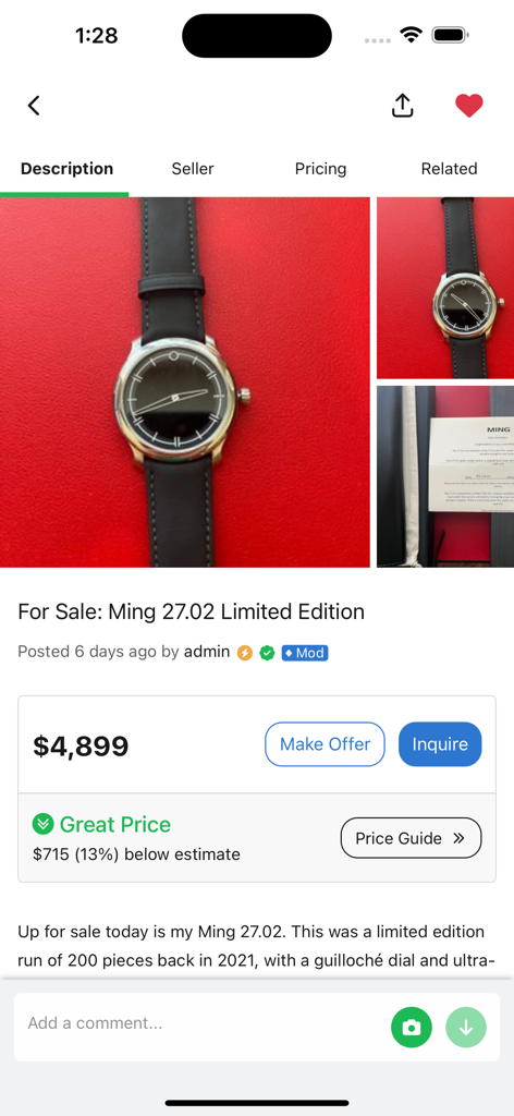 WatchCharts - Mobile app screen showing a Ming 27.02 limited edition watch listing with market price analysis and inquiry buttons