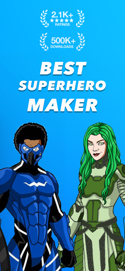 Male and female superhero characters with text stating Best Superhero Maker