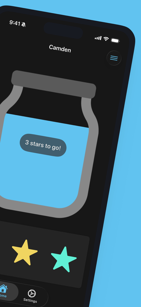 Star Jar - Happy Habits - A mobile interface for the Star Jar app showing a virtual jar for a child named Camden with three stars remaining to reach a goal.