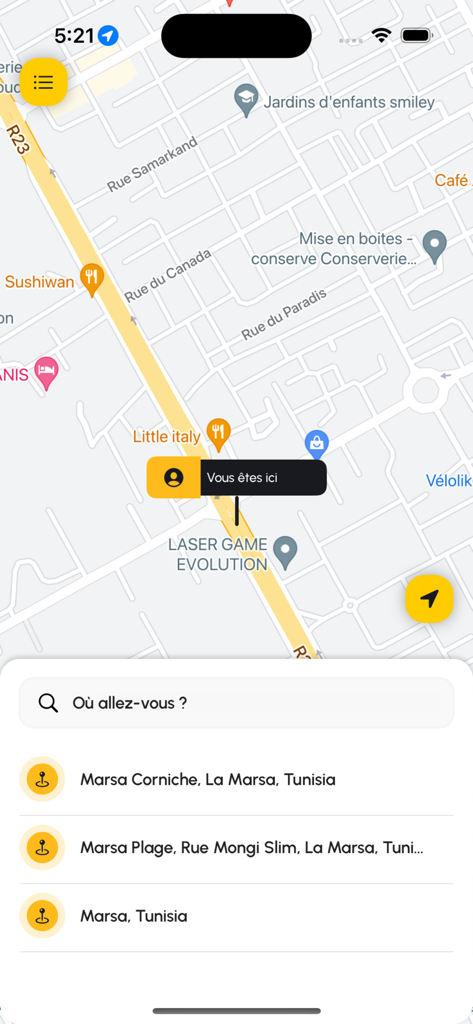 E-Wassalni - E-Wassalniアプリのスクリーンショット、チュニジアの地図と目的地検索バー、場所の提案が表示されています