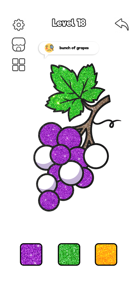 ASMR Coloring Book: Paint Game - A digital coloring page of a bunch of grapes with glitter textures in the ASMR Paint Game.