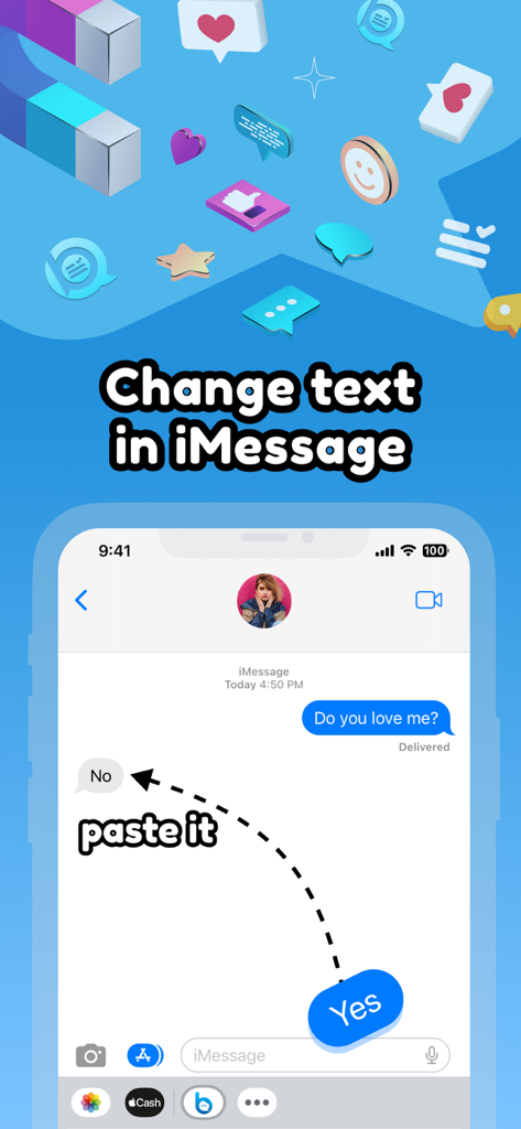 Interface de l'application BubbleX montrant comment modifier le texte iMessage en collant un autocollant personnalisé sur une bulle de message