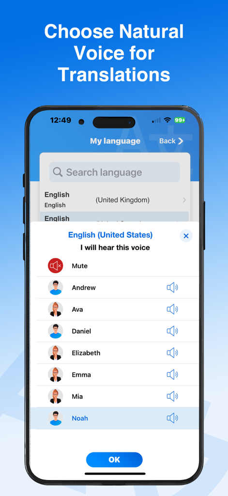 Interface for choosing natural sounding voices in the Babel Phone Call Translator app