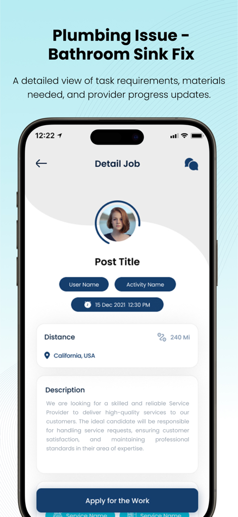 Interfaz de la aplicación House Escort mostrando una pantalla de detalles de trabajo para una tarea de fontanería con descripción y botón de aplicar.