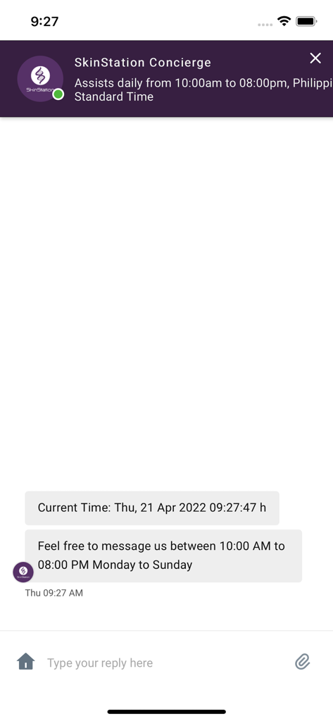 SkinStation app concierge chat screen showing customer support operating hours