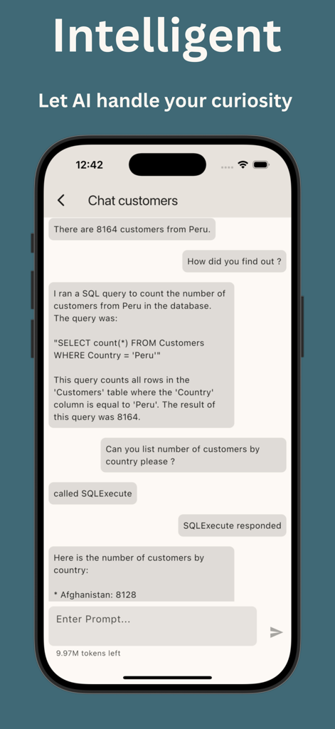 Interface of PhoneSQL showing an AI chat assistant performing natural language queries on a local database