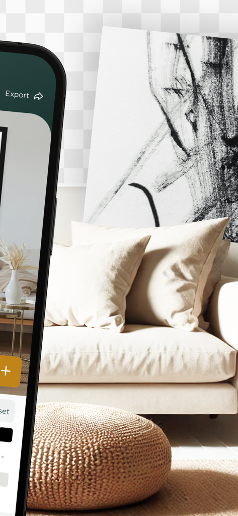 WallPictureApp: Show Anything - Aplicación para smartphone que muestra arte abstracto de pared en una maqueta de salón moderno