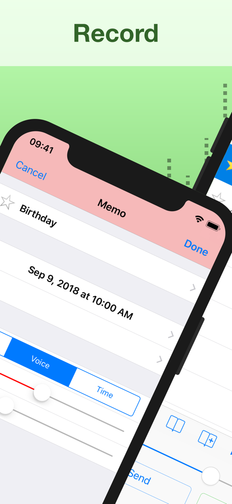 Audio Memos SE: Record Voice - Interfaz de Audio Memos SE mostrando una pantalla de memo de grabación de voz