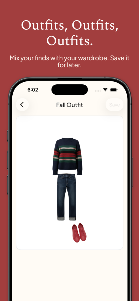 Shoppy - Fashion Search - Pantalla de la aplicación Shoppy que muestra un atuendo de otoño con un suéter y jeans