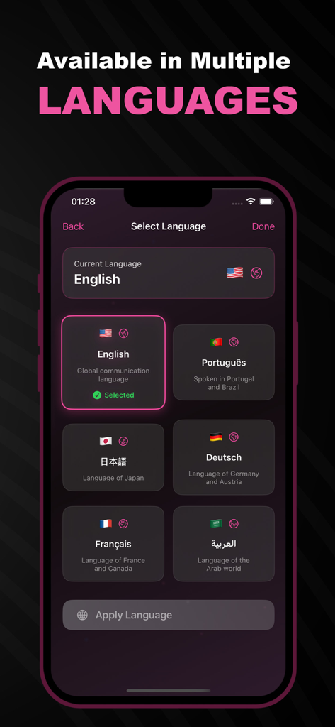 Hi TV : Movies & TV Shows AI - Interface de l'application Hi TV montrant les options de sélection de langue pour les utilisateurs internationaux.