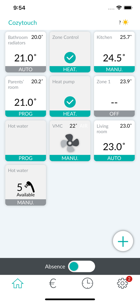 Cozytouch - Cozytouch app dashboard with temperature settings for different rooms and home appliances