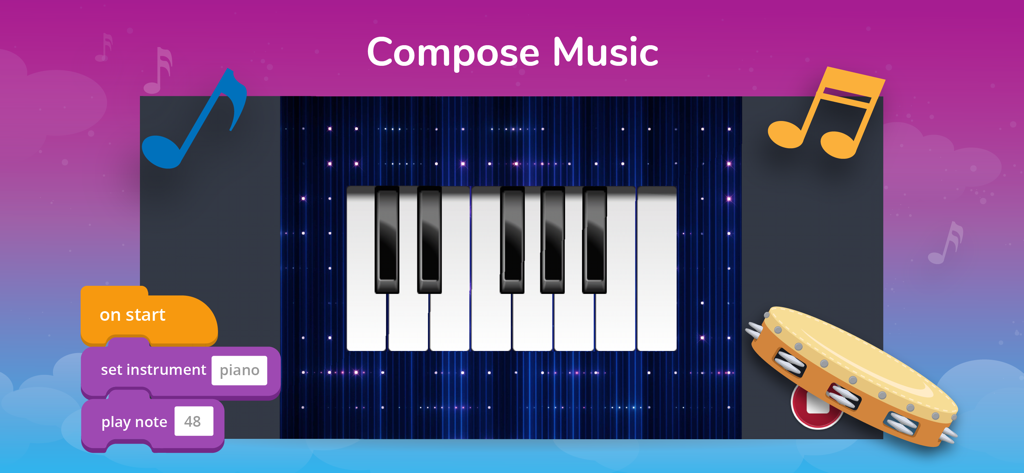 Tynker: Coding for Kids - Interfaccia dell'app Tynker per bambini per comporre musica utilizzando la programmazione a blocchi e una tastiera di pianoforte virtuale