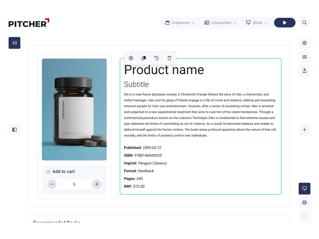 Pitcher CatalogIQ - Digital product catalog interface of Pitcher CatalogIQ app showing book details and add to cart feature