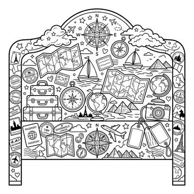 Transform your bedroom into a traveler's paradise with this unique headboard coloring page. It's packed with intricate details like maps, globes, and suitcases, ready for your creative touch.