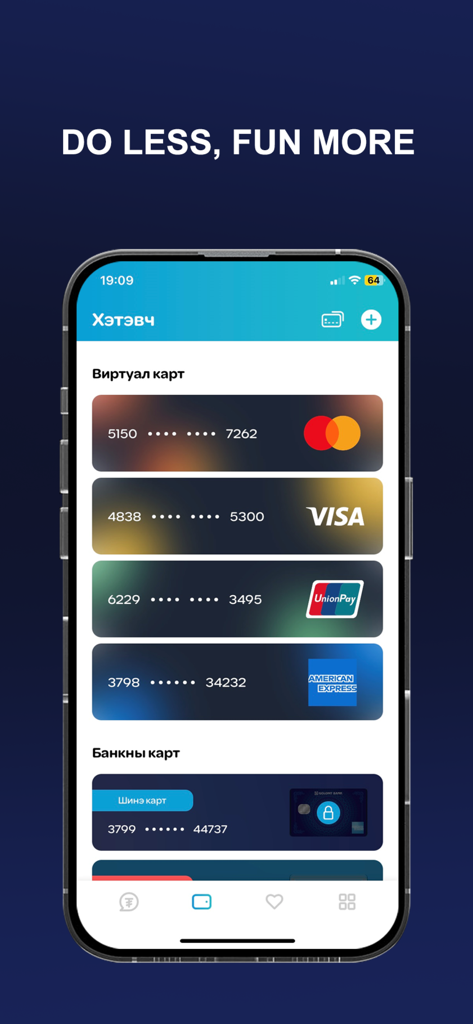 SocialPay mobile app interface showing a digital wallet with virtual Mastercard Visa UnionPay and American Express cards