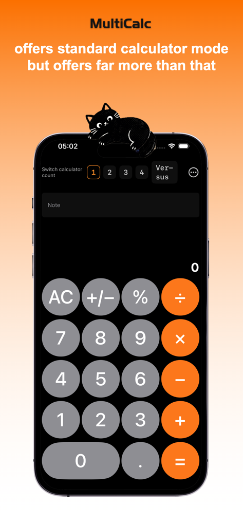 MultiCalc-Fun Calculations - MultiCalc app interface showing standard single calculator mode with a note field and instance switching options