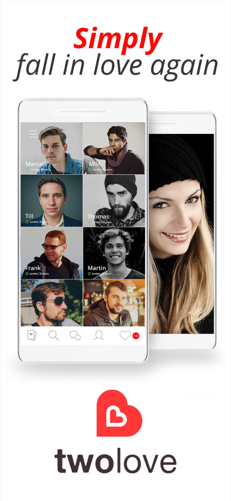 twoLove - Dating App - A smartphone showing a grid of male user profiles on the twoLove dating app under the headline simply fall in love again.