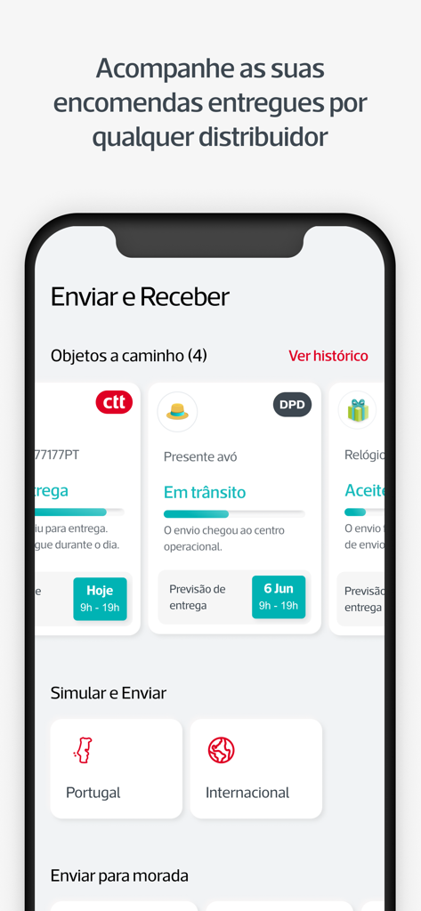 Pantalla de la aplicación móvil CTT Correios de Portugal para rastrear y gestionar entregas internacionales