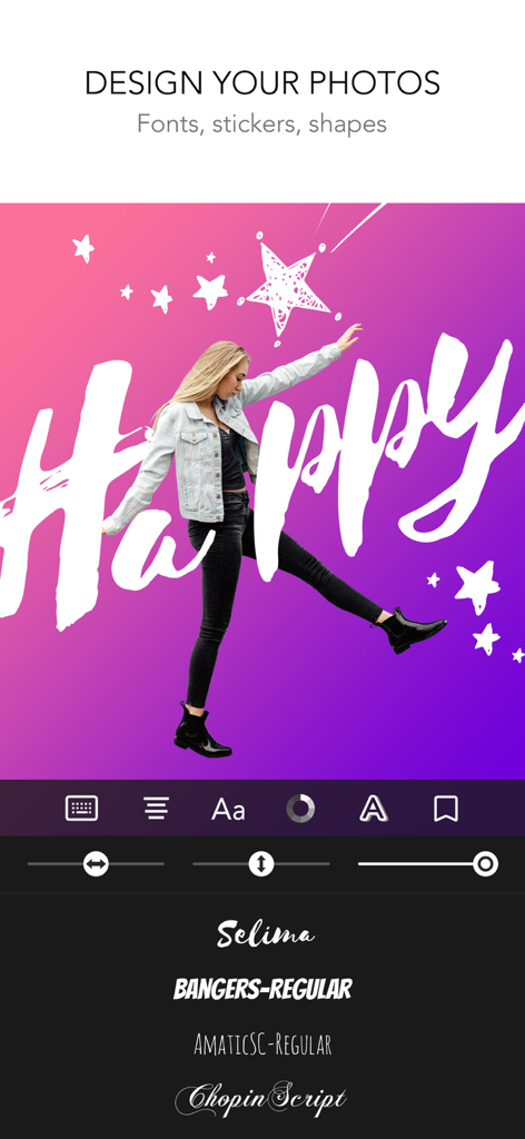 Interfaccia dell'app di editing fotografico che mostra una persona con testo grafico e adesivi a stella su uno sfondo colorato.