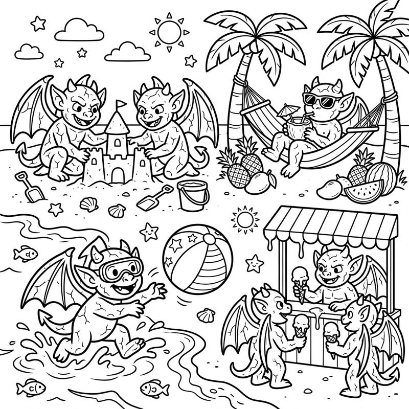 Unleash your creativity with this delightful coloring page featuring playful gargoyles enjoying a sunny summer vacation. Kids will love bringing these winged beach-goers to life with vibrant colors.