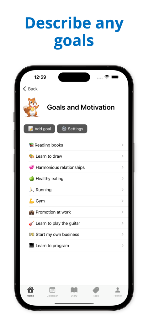 Interface of Mila app displaying a list of personal goals and motivation categories