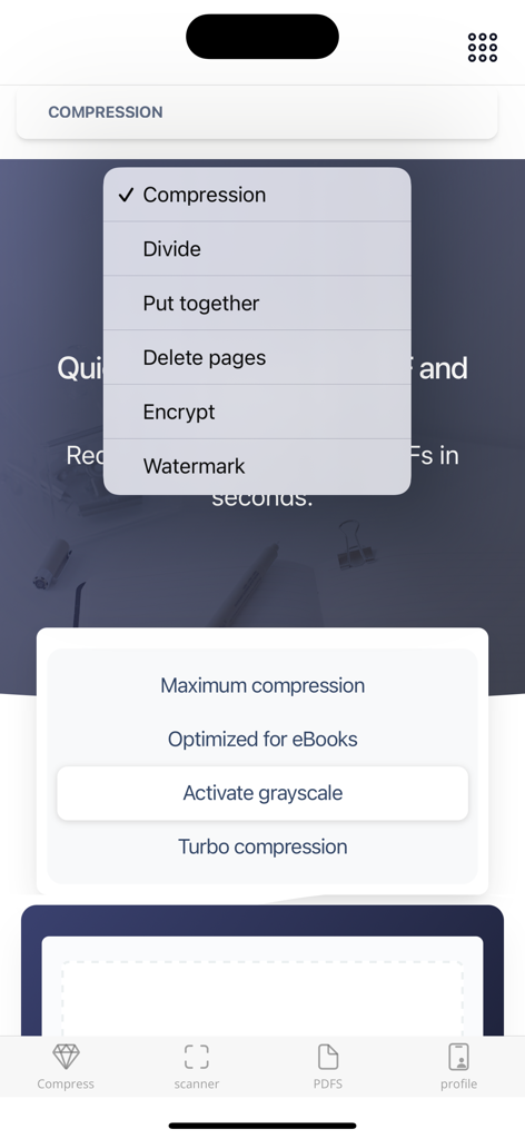 PDF Scanner Converter & Editor - Mobile App-Oberfläche von PDF Scanner Converter und Editor mit Komprimierungseinstellungen und Dokumenten-Tool-Menü