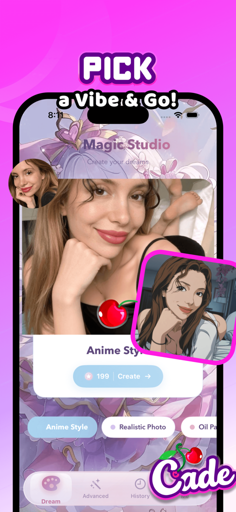 Interfaz del Magic Studio de la aplicación Cade Art Vibe mostrando una foto transformada a estilo anime