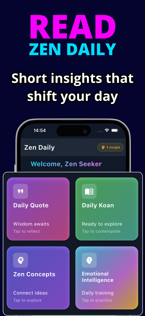 Zen Daily: Buddhism Practice - Panel de la app Zen Daily que muestra citas diarias, koans y conceptos de atención plena